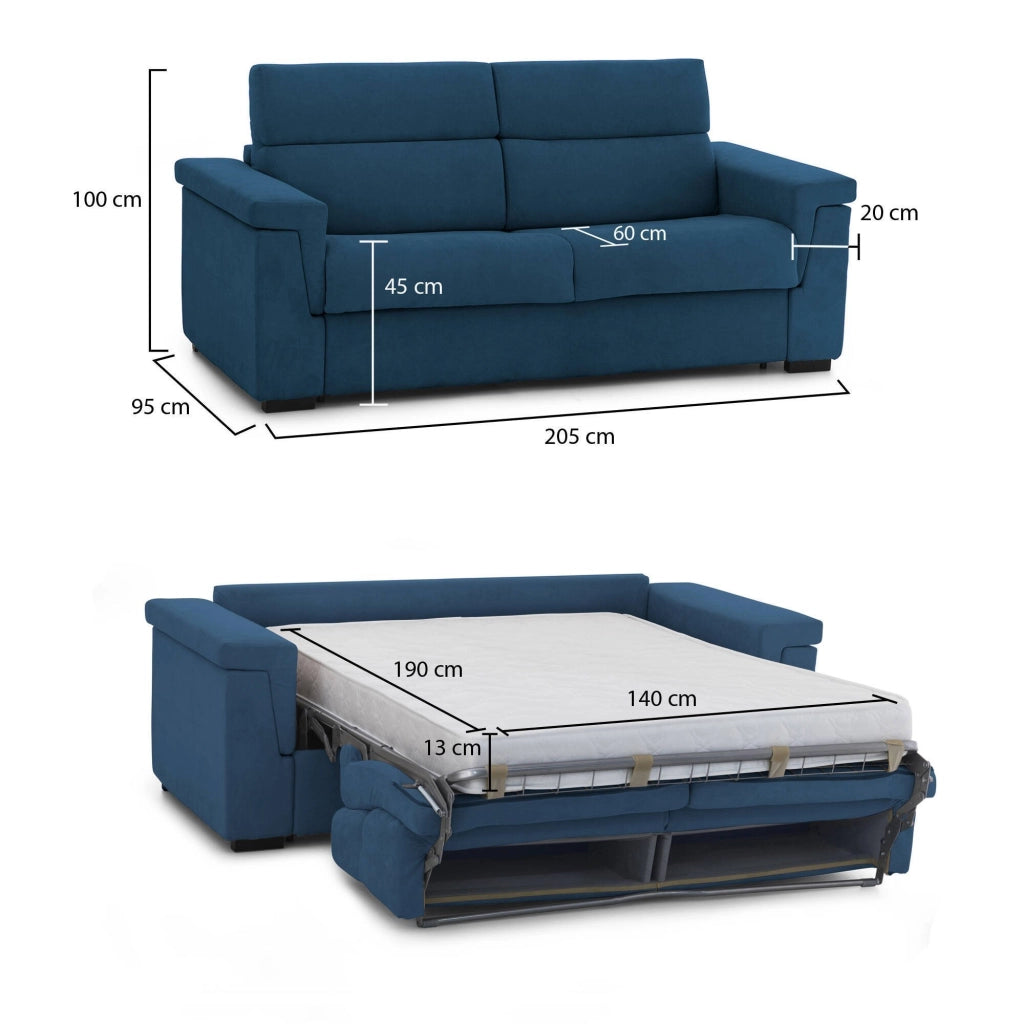 Biscossi, Divano Letto 2 Posti Sfoderabile Made in Italy, 205x95 cm blu