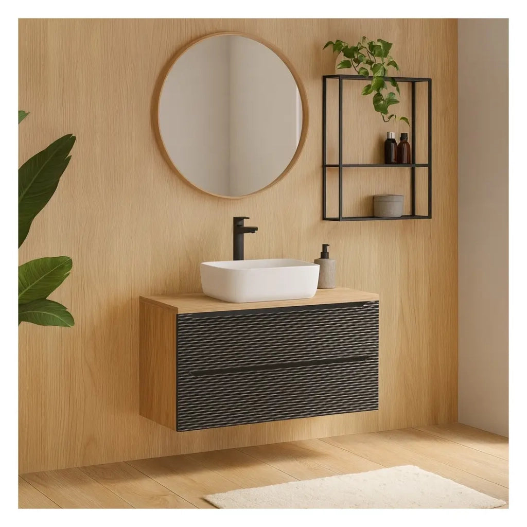 Set da bagno YOKA nero: mobile sotto lavabo con cassetti 120 cm + piano lavabo