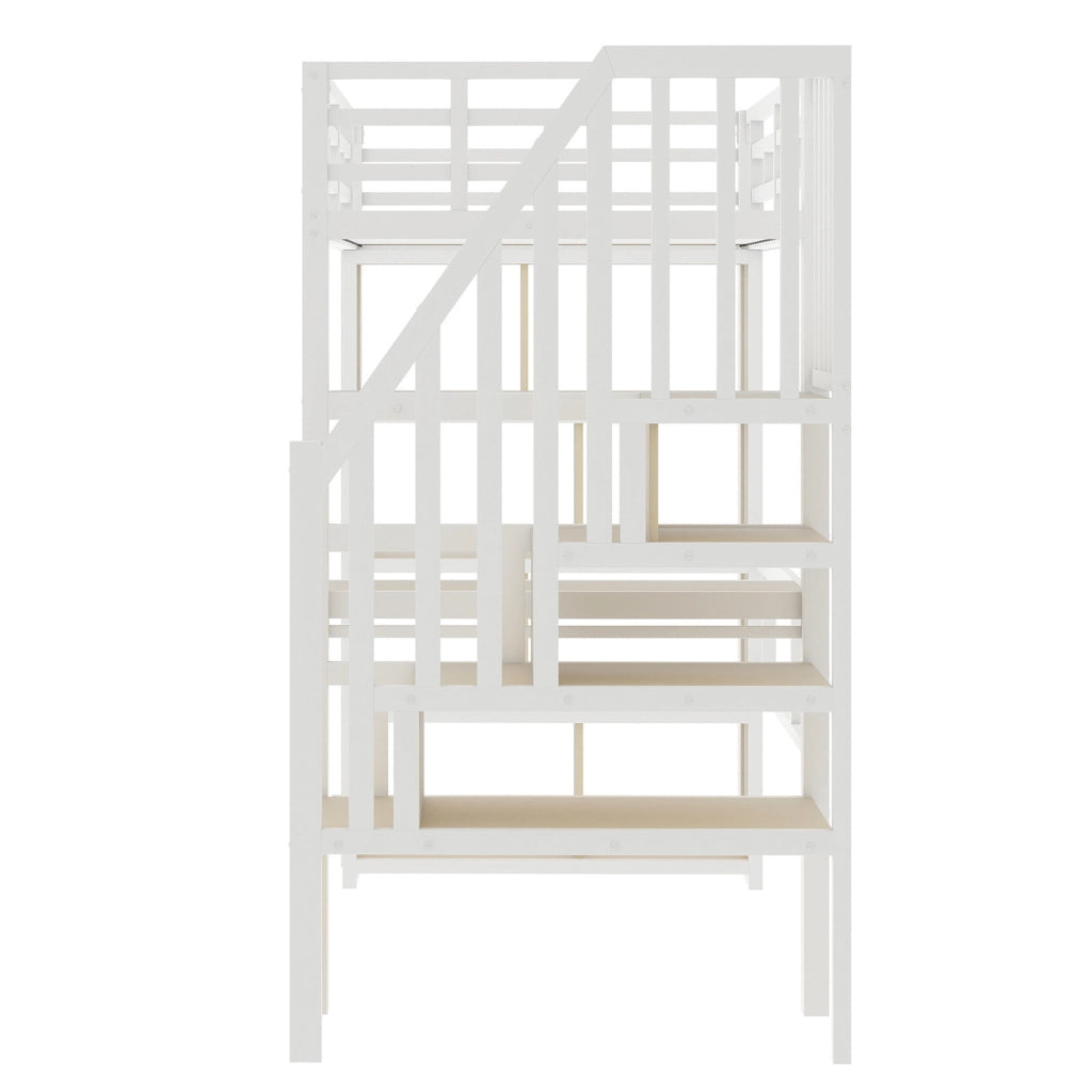 Letto a soppalco con scrivania - Zephmum- 90x200 cm - Bianco - Struttura in ferro, LED, cassetti