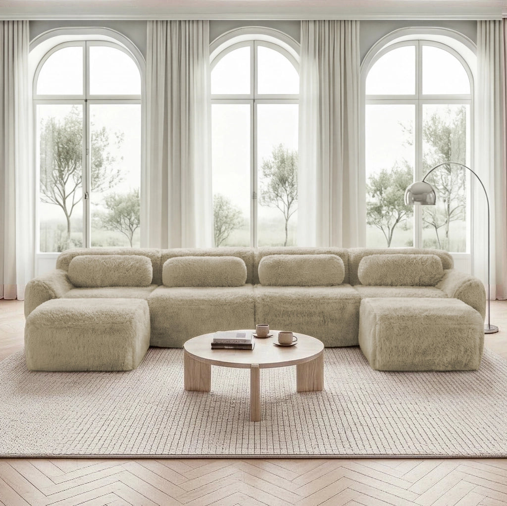 Divano modulare a U 378x179x73 cm in tessuto, beige chiaro, con cuscini, senza montaggio –