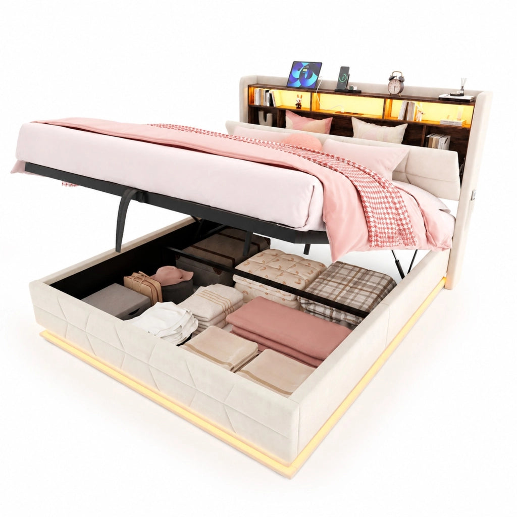 Letto matrimoniale 140x200 cm in velluto beige con LED; contenitore nella testiera e presa USB Type-C