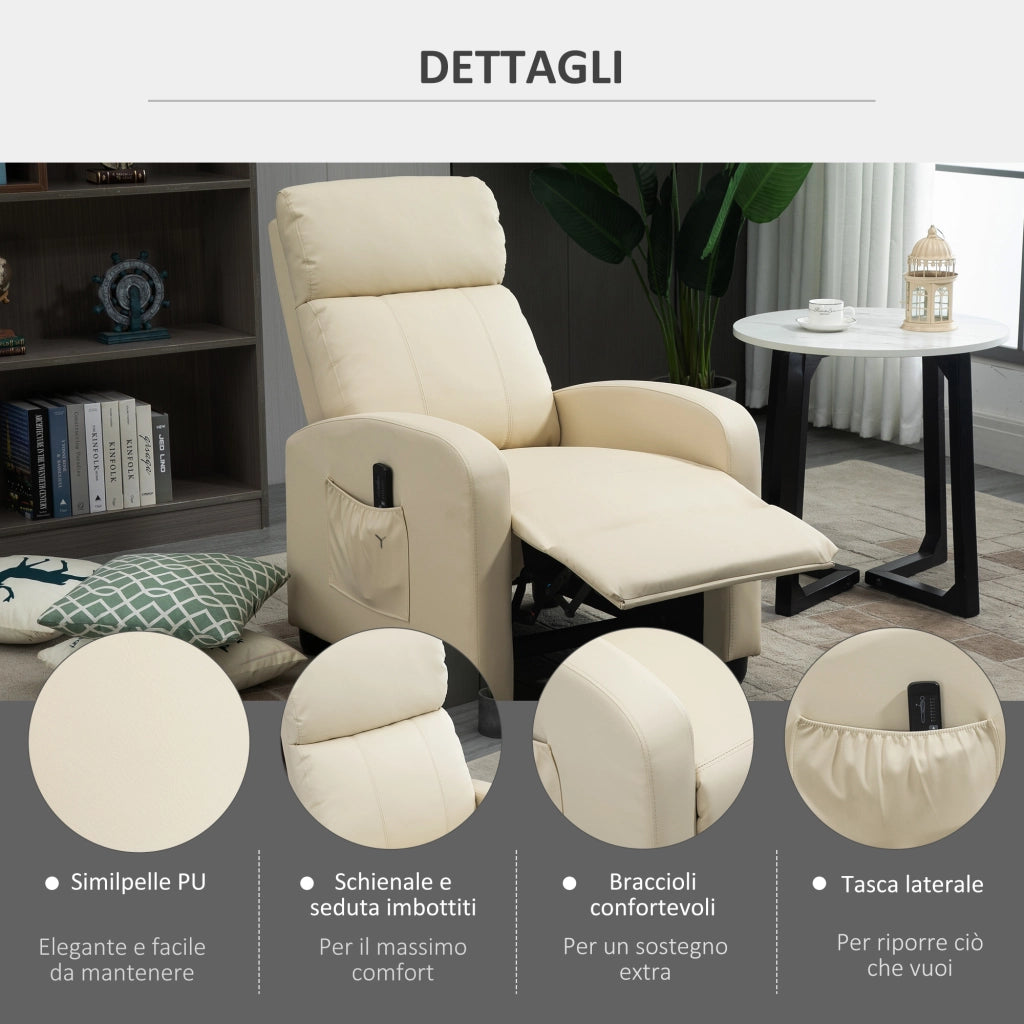 Easycomfort Poltrona Relax Massaggiante con Telecomando e 8 Programmi, Reclinazione e Poggiapiedi, 68x88x98cm, Crema