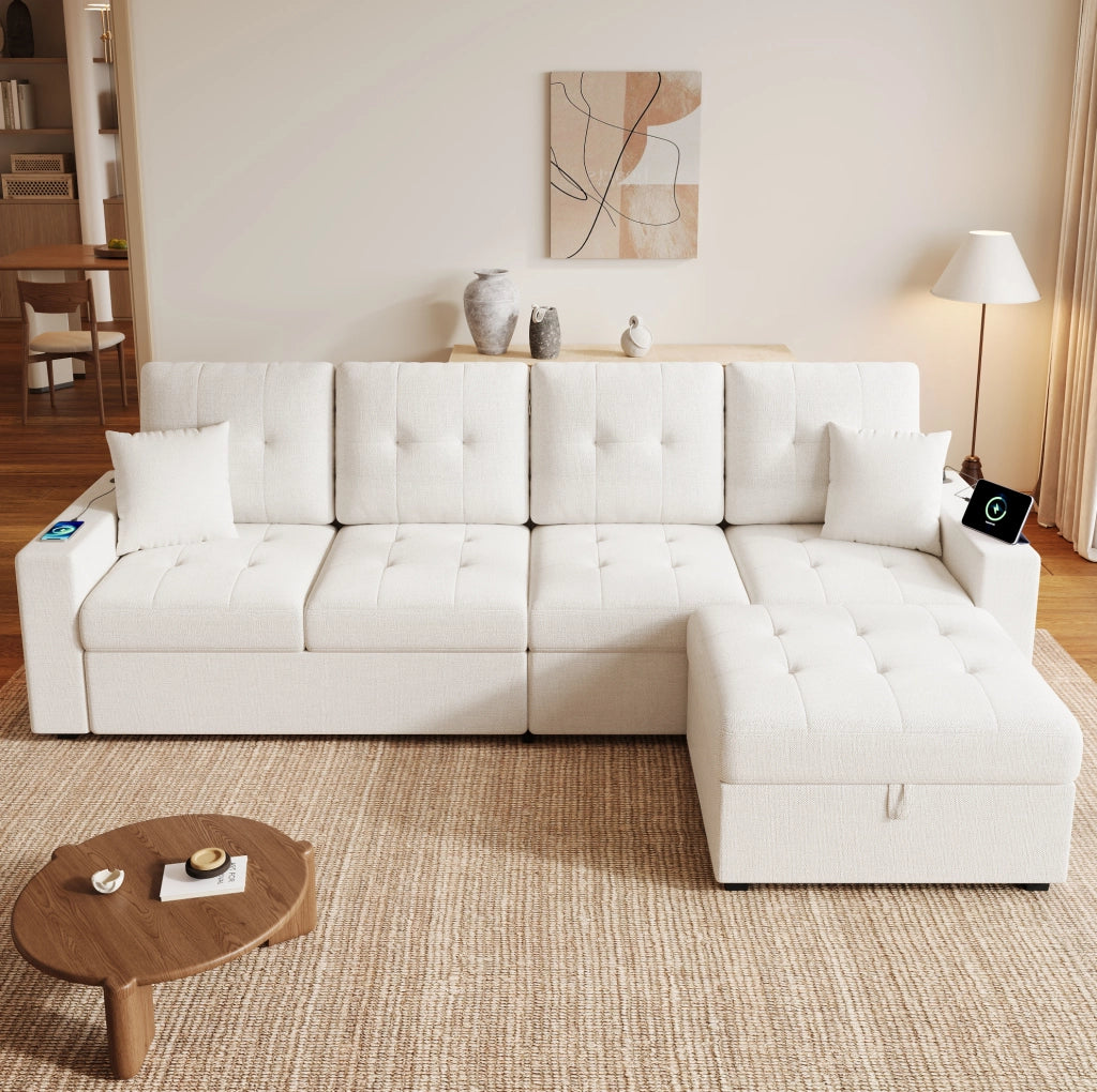 Divano modulare 4 posti beige con pouf contenitore, LED e USB-C