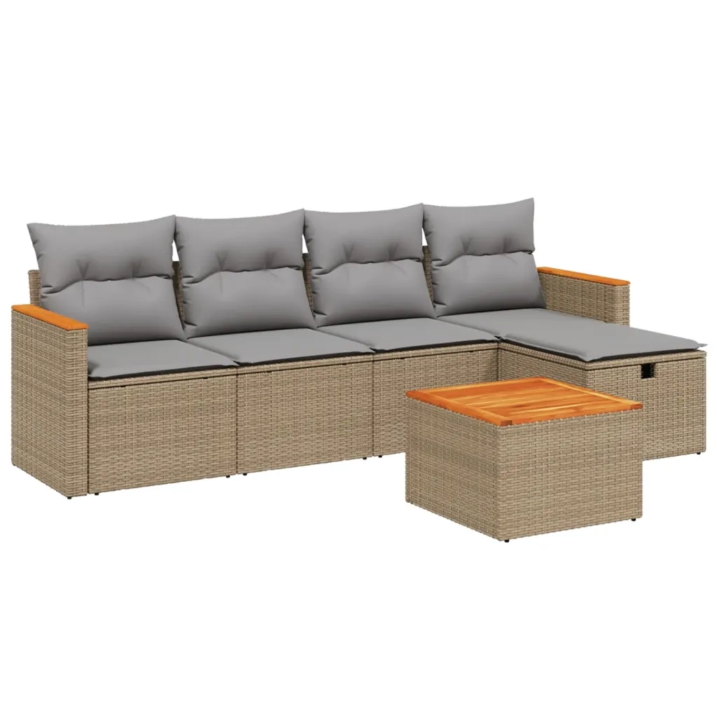 Set Divano da Giardino 6 pz con Cuscini Beige Misto Polyrattan
