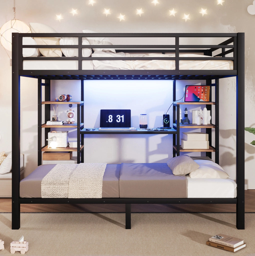 Letto a castello in metallo 90/140x200 cm con LED e prese