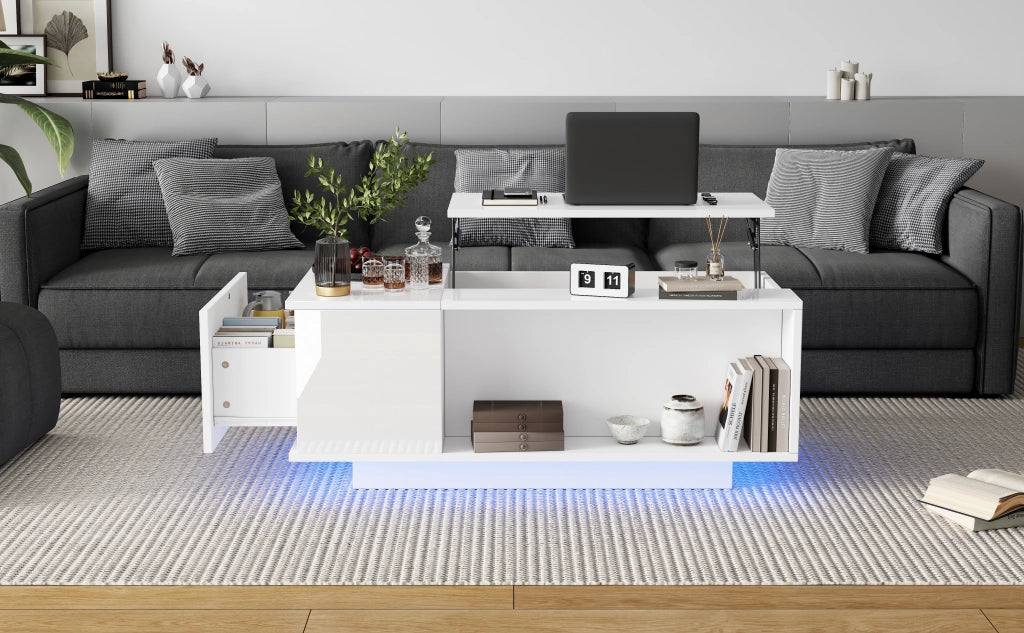 TAVOLINO da salotto 100x50x40 cm bianco in pannello di legno con piano sollevabile e LED
