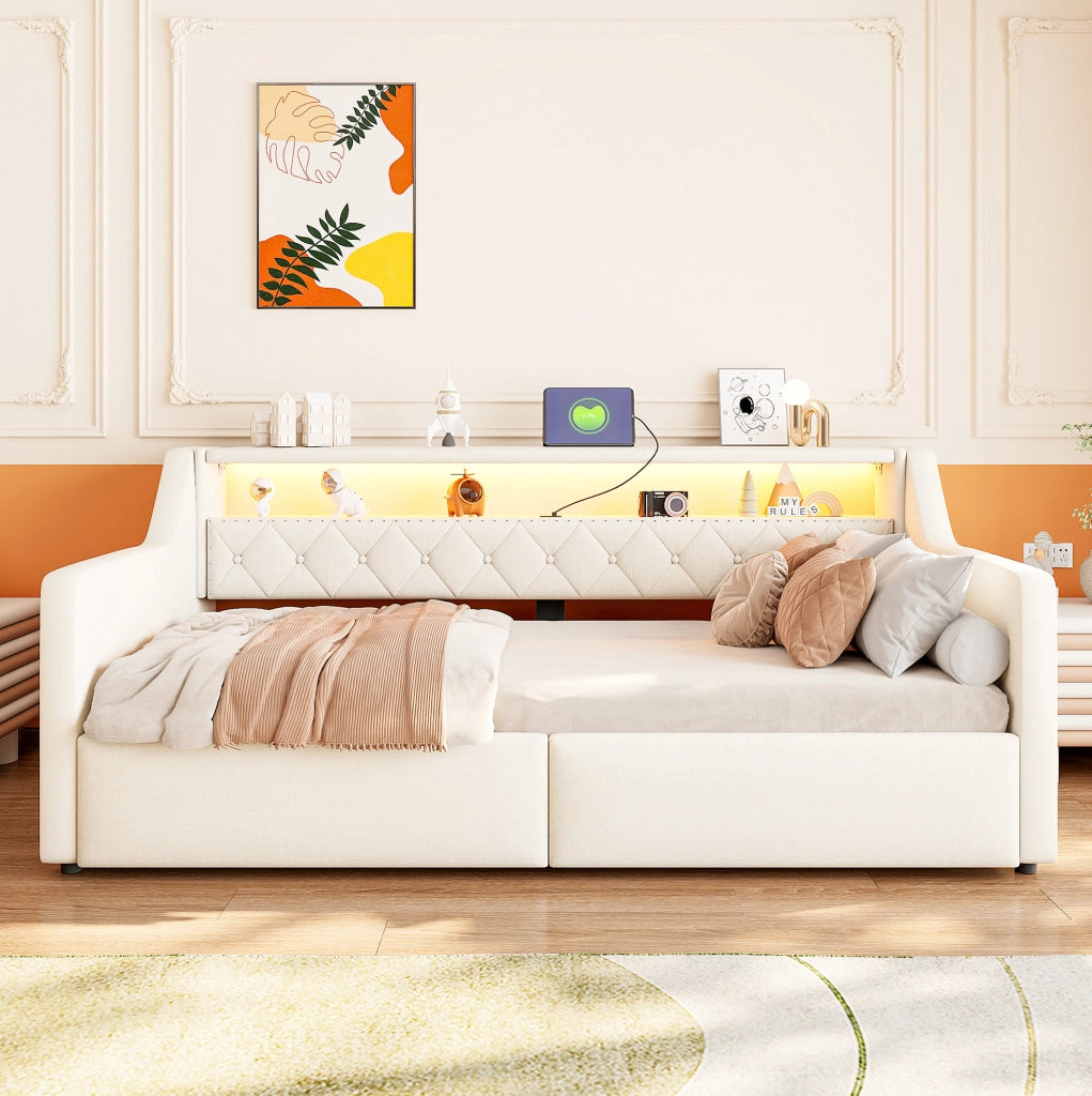 Daybed 211x106x77 cm con contenitore idraulico; LED e porte USB e USB C in lino e MDF beige