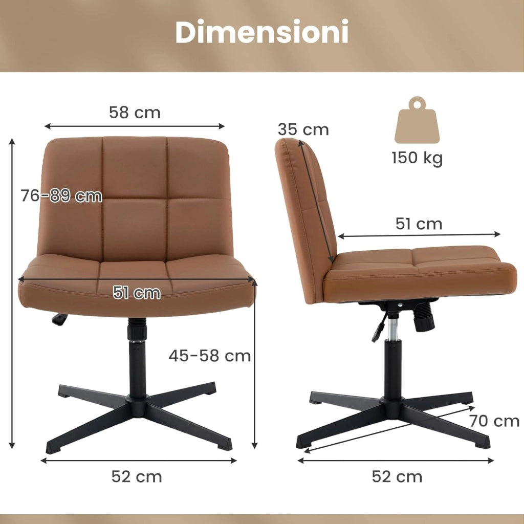 Sedia da Ufficio a Gambe Incrociate, Sedia Scrivania con Seduta a U Spaziosa, Sedia Girevole per Casa e Ufficio, senza Ruote e Braccioli, Altezza Regolabile, Portata 150 kg (Marrone)