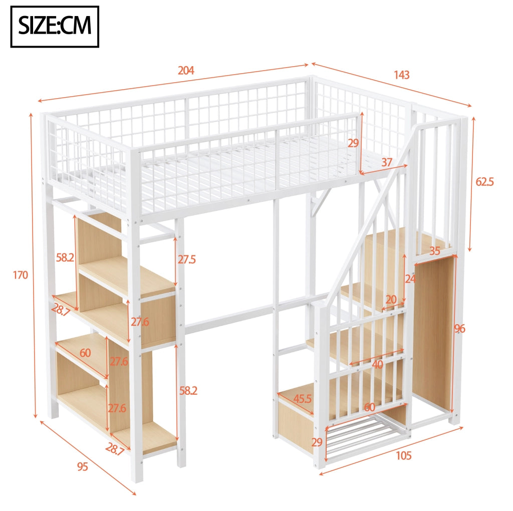 Letto a soppalco 90x200 cm con scala contenitore e vano portaoggetti; metallo e legno; bianco