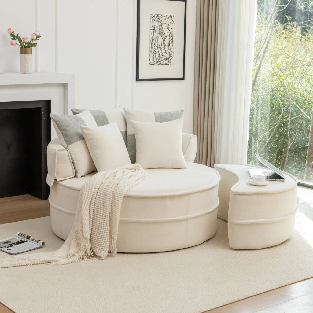 Sedia lounge rotonda senza montaggio con 5 cuscini e ottomana in schiuma beige per soggiorno 121 × 107 cm