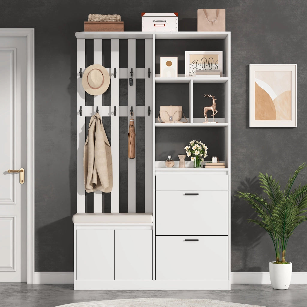 Mobile da ingresso con 2 scarpiere a ribalta, 1 cassetto, 2 ante, 10 ganci e panca imbottita, bianco, 120 × 30 × 200 cm