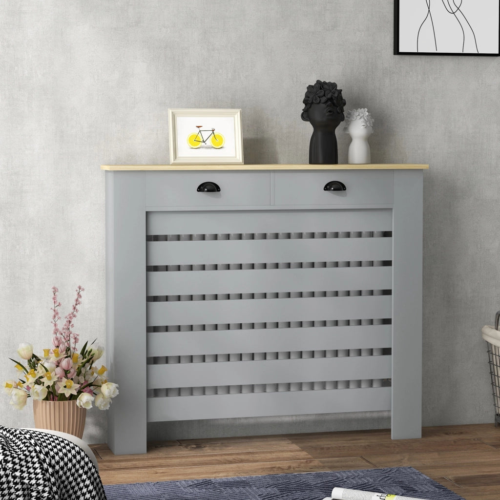 Copritermosifone in MDF a Doghe, Copricalorifero a Griglia con 2 Cassetti, 111x19x95.5 cm, Grigio