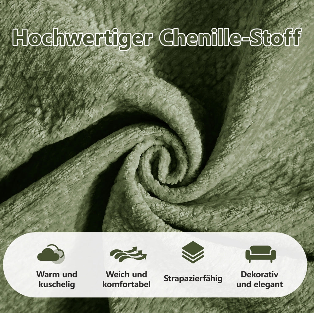 Divano modulare 260x149x90 cm in ciniglia verde con pouf mobile e cuscino decorativo
