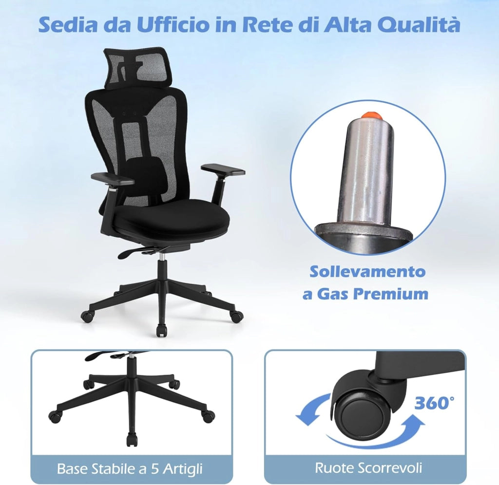 Sedia Ergonomica da Ufficio in Rete con Supporto Lombare Regolabile, Poggiatesta e Braccioli, Schienale Inclinabile, Sedia da Scrivania Girevole Regolabile in Altezza, Portata 150 kg