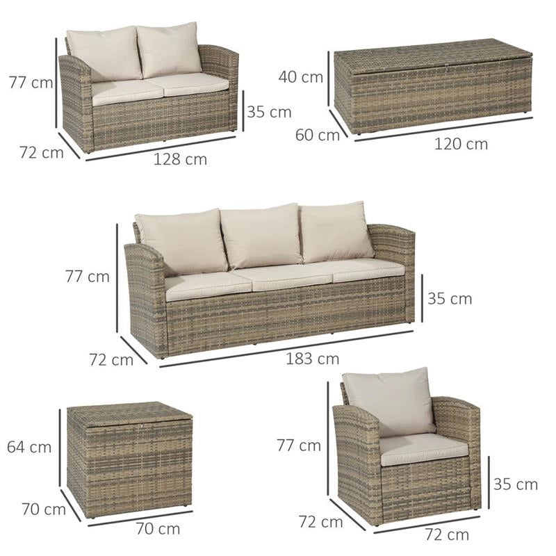 SET MOBILI DA GIARDINO 6 PEZZI IN RATTAN CON DIVANI, POLTRONE E TAVOLI CONTENITORE, BEIGE