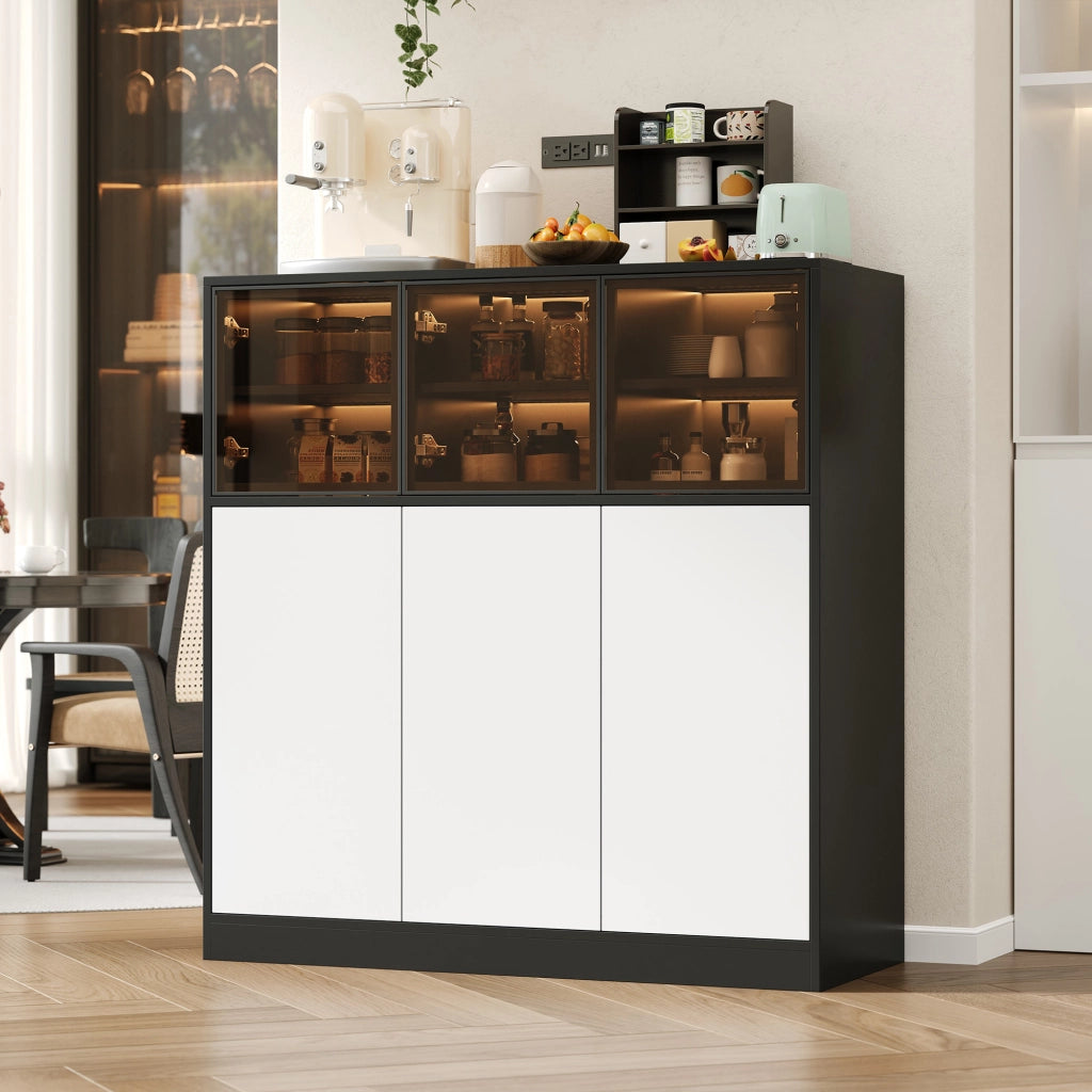 Credenza con 6 ante e 14 vani; illuminazione LED - per soggiorno - 100×40×105 cm - nero e bianco