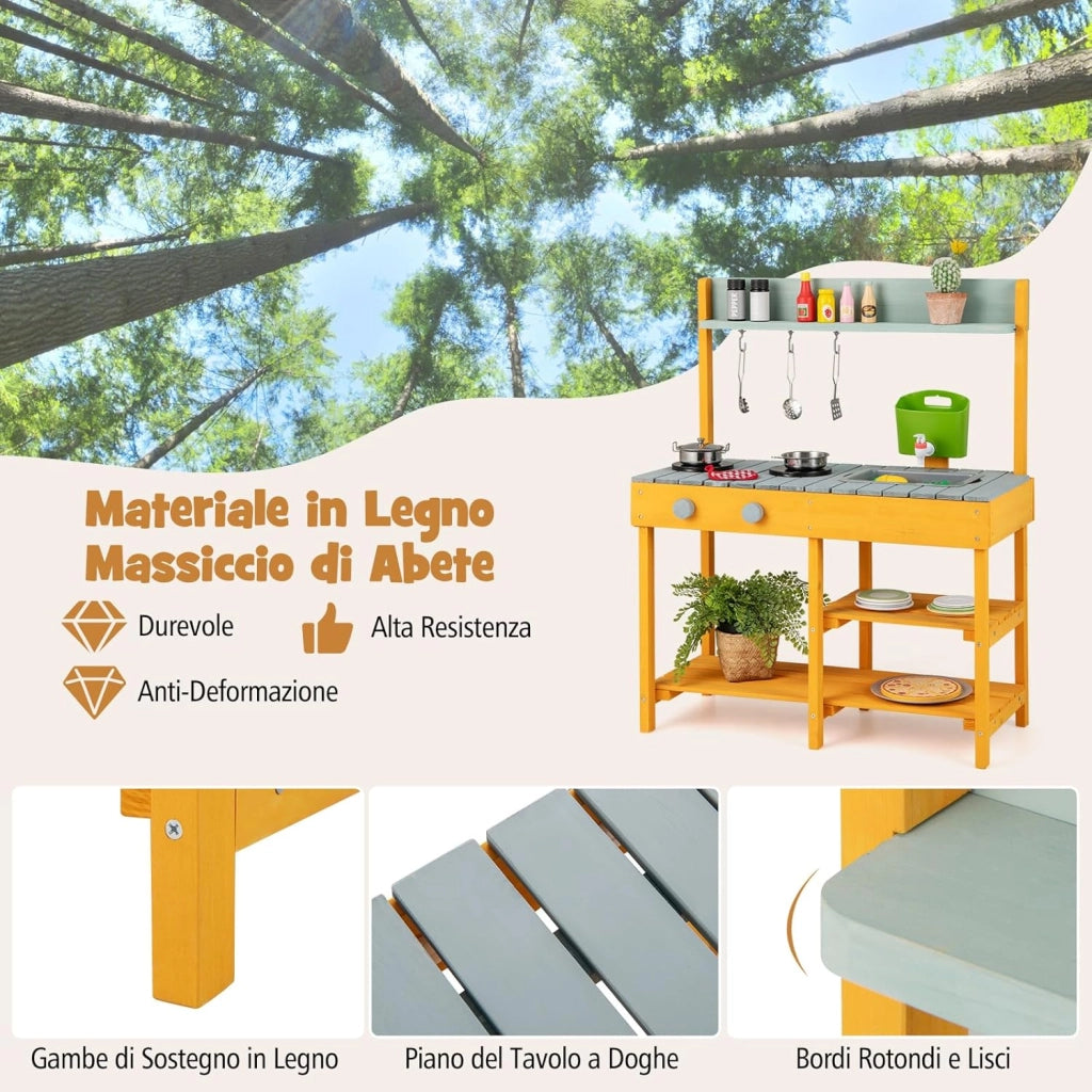 Cucina Giocattolo per Giardino in Legno di Abete, Cucina per Bambini con Serbatoio dell'Acqua e Lavello Rimovibili, 3 Ripiani Aperti, Funzione Suoni, per Bambini 3+ Anni (Arancione e Azzurro)
