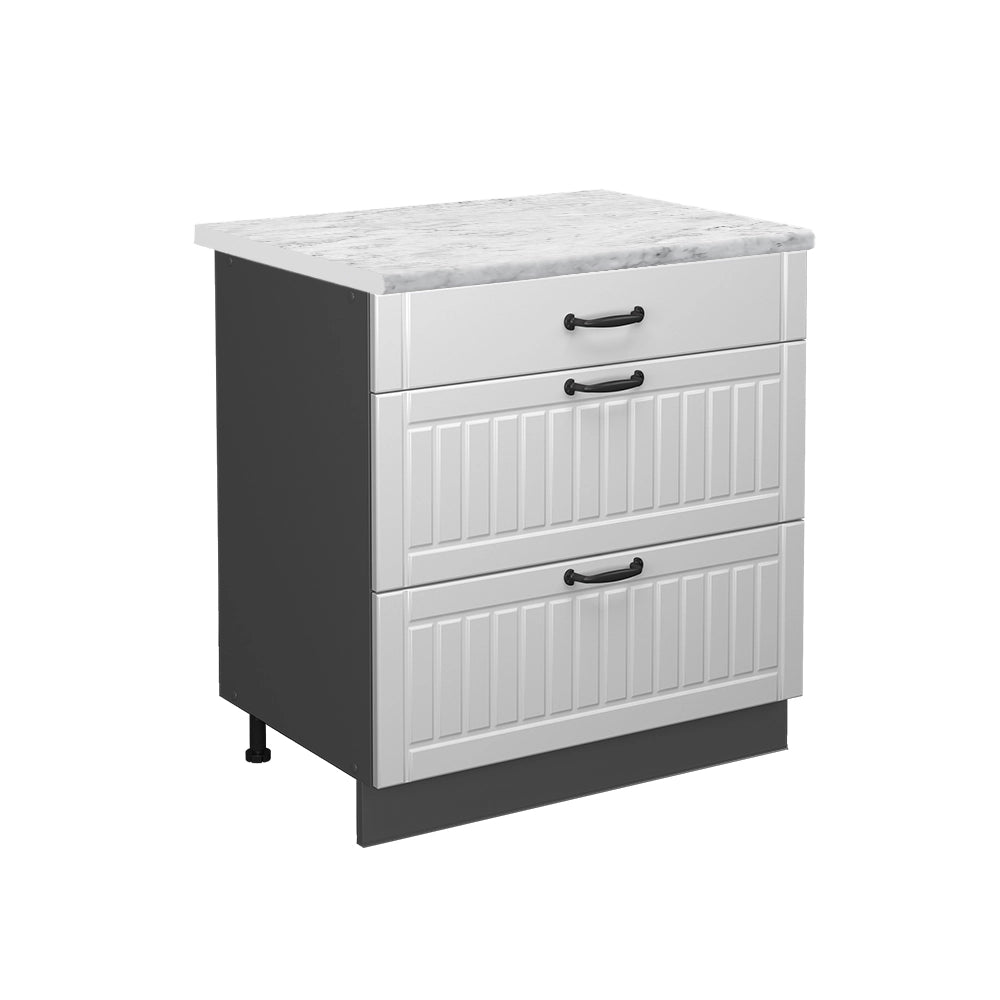 Mobiletto base per cucina Fame-Line Bianco rustico/Antracite 80 cm con 3 cassetti, PL Marmo Vicco