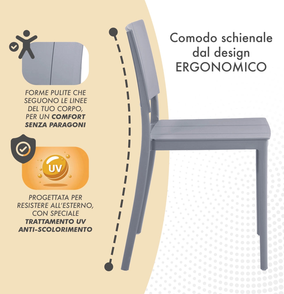 Set 4 Sedie In Polipropilene e Fibra Di Vetro Sedia Cucina Trattamento Uv Antiscolorimento Giardino Interno Esterno Moderne Robuste Resistenti Seduta Terrazzo Soggiorno Bar Ristorante Impilabili Livia-Grigio