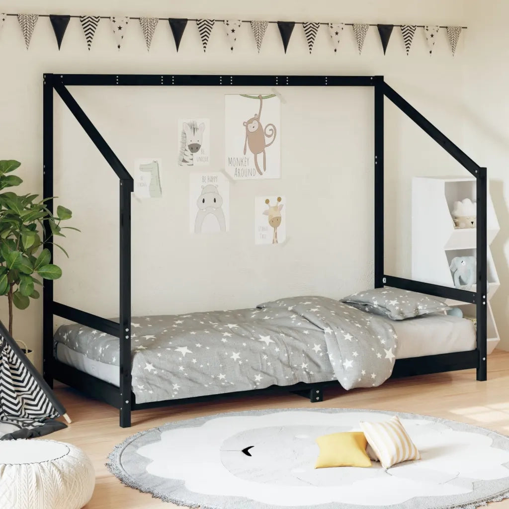 Giroletto per Bambini | Letto Infantile | Lettino Nero 90x190 cm in Legno Massello di Pino