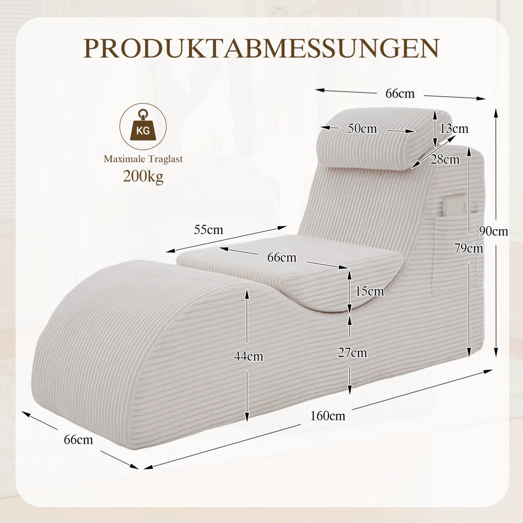 Poltrona singola ergonomica con tasca laterale e cuscino removibile in velluto a coste beige 160 × 66 × 90 cm