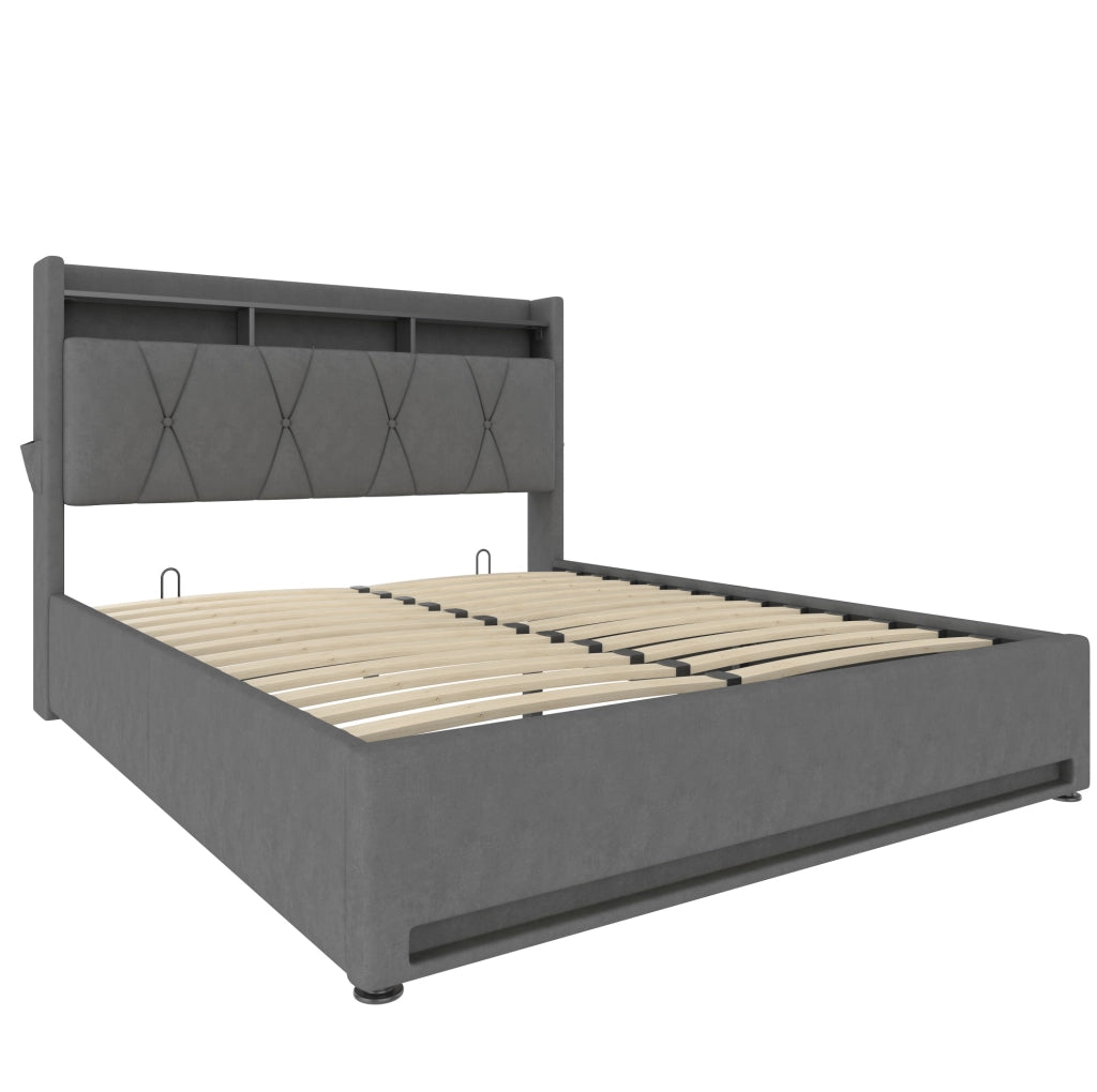 Letto imbottito 140x200 cm con LED, USB-C e vano contenitore