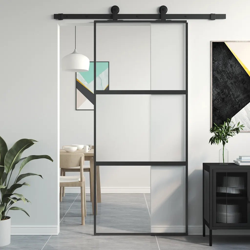 Porta Scorrevole Nera 90x205 cm in Vetro Temperato e Alluminio 155202