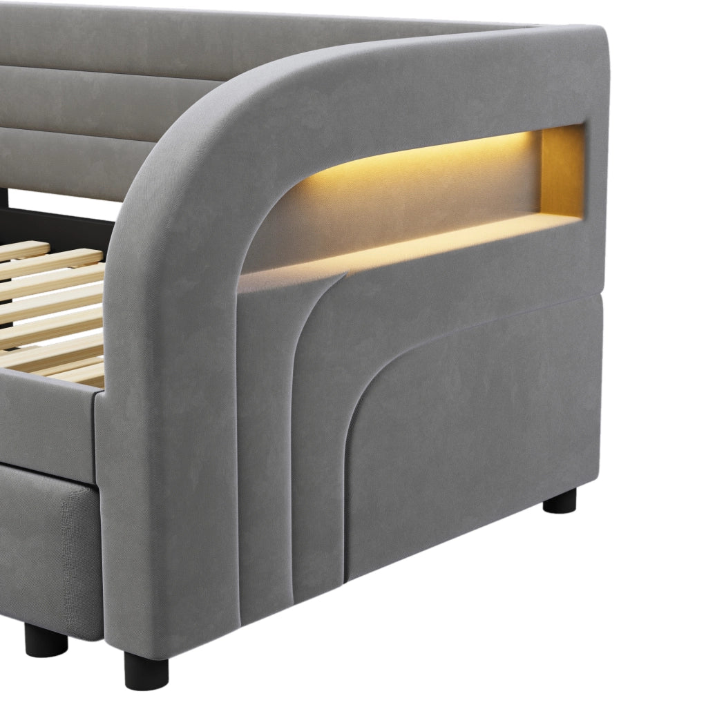 Letto piattaforma imbottito 90x200 cm con letto estraibile e illuminazione LED; grigio