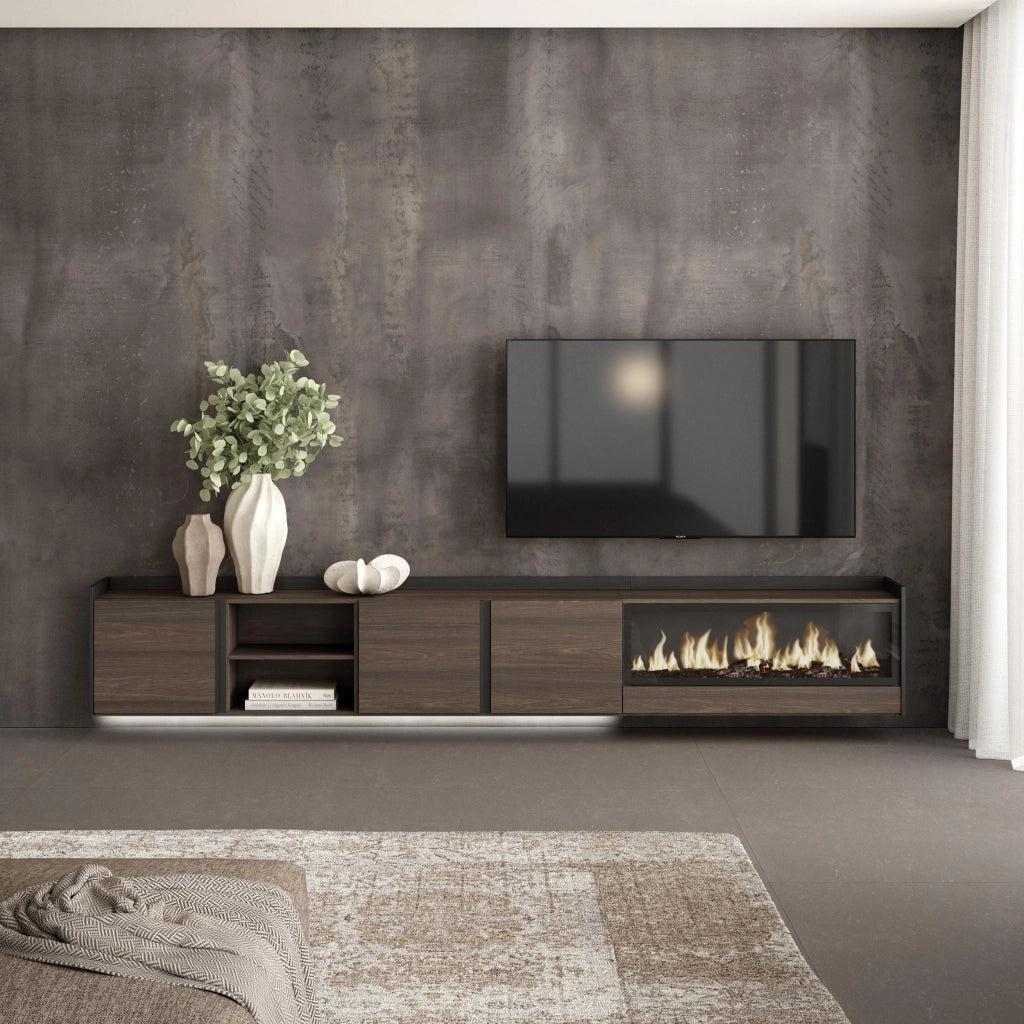 Mobile TV Soggiorno, 315x50x35 cm, Per TV fino a 80", Camino elettrico XXL, Sospeso, da appendere, LED, Rovere scuro e Nero