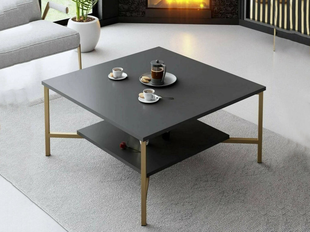 Tavolino da salotto Mia, Tavolo basso da caffè, Portariviste per divano, Ripiano da soggiorno, 80x80h40 cm, Antracite e Oro