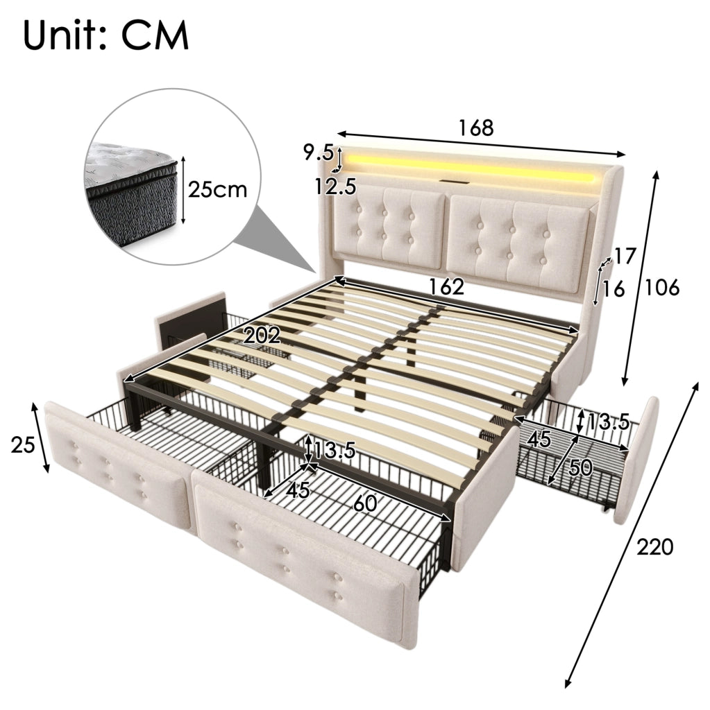 Letto matrimoniale 160x200 cm con LED; USB e USB-C; 4 cassetti; tessuto cotone-lino beige