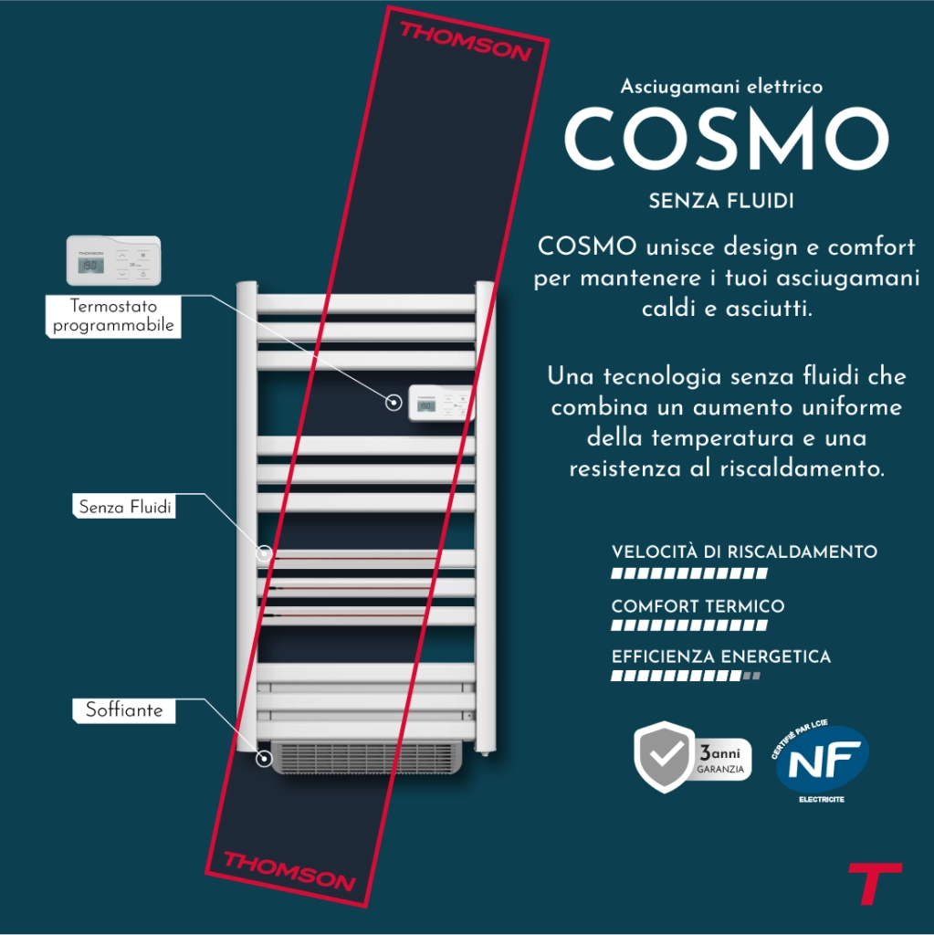 Scaldasalviette elettrico Thomson senza fluido, connesso WiFi, con ventola 500 + 1000W, cosmo