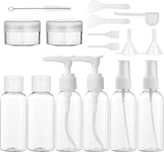 Set di contenitori trasparenti per viaggio, 6 pezzi, 80 ml, set di contenitori per igiene personale con 2 x contenitore crema, 2 x dosatore, 2 x imbuto, 2 x rivestimento