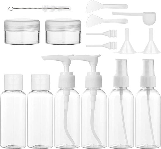 Set di contenitori trasparenti per viaggio, 6 pezzi, 80 ml, set di contenitori per igiene personale con 2 x contenitore crema, 2 x dosatore, 2 x imbuto, 2 x rivestimento