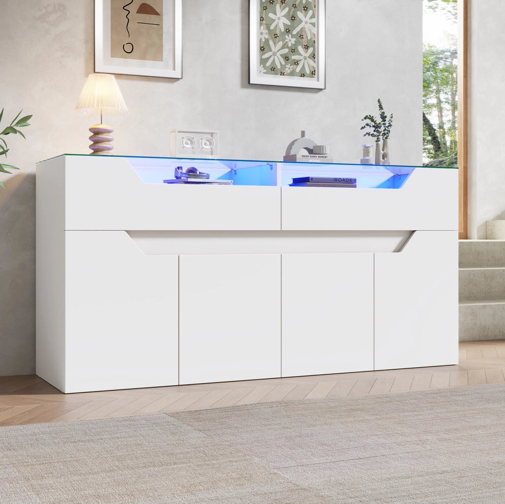 Credenza bianca in MDF con vetro temperato, due cassetti e illuminazione controllabile integrata