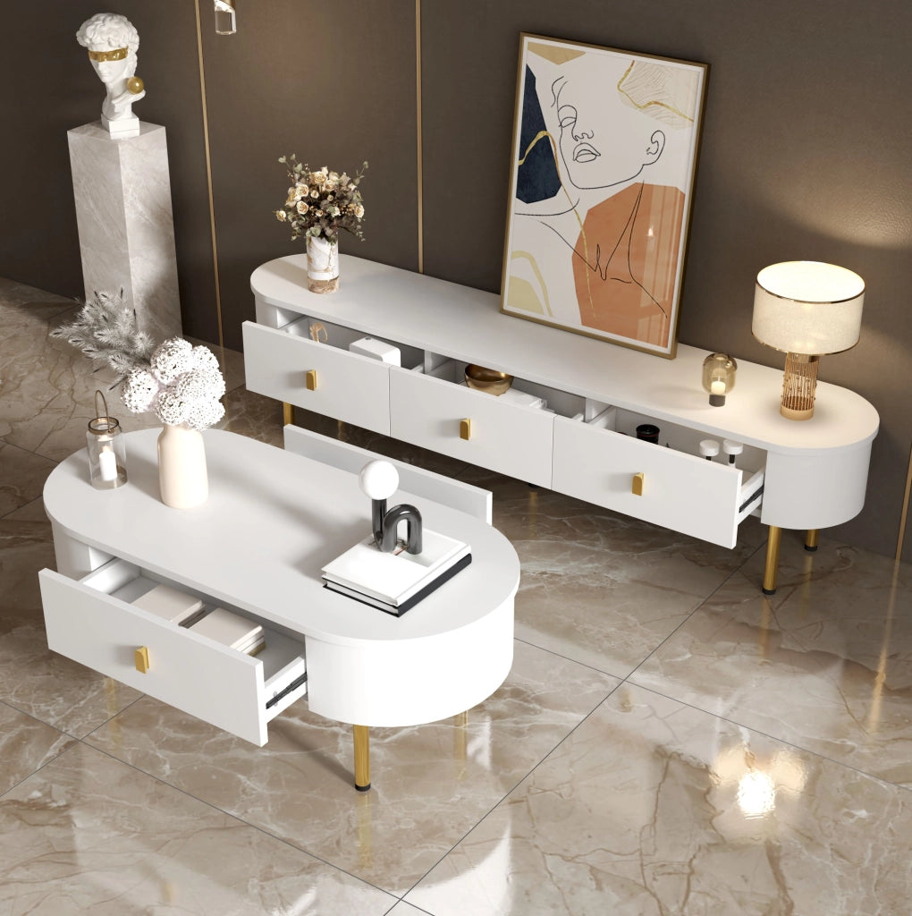 Tavolino da caffè bianco e oro 108 cm con 2 cassetti