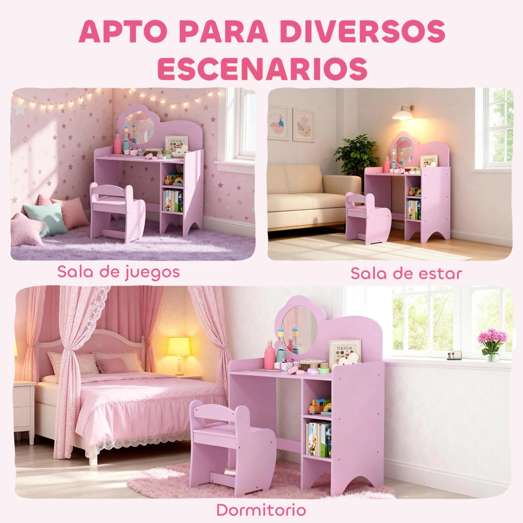 Tavolino da trucco con specchio a forma di fiore e sgabello ¨C Xylo ¨C Rosa con scaffale