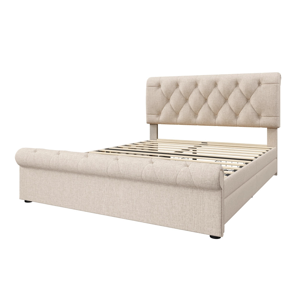 Letto imbottito 140x200 cm con 4 cassetti, testiera regolabile, stile Chesterfield, color naturale, con materasso