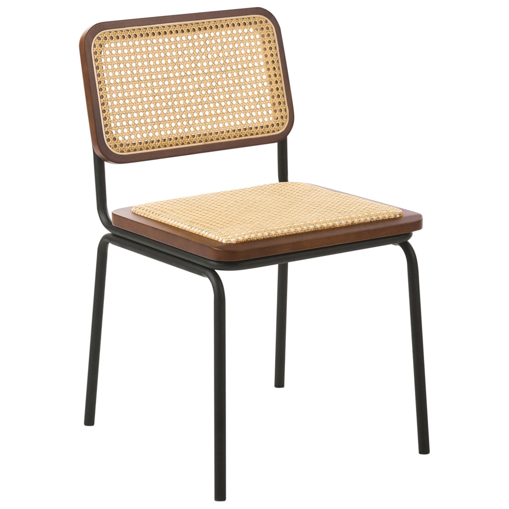 Set di 2 sedie da pranzo con seduta e schienale in rattan PE marrone gambe in ferro senza braccioli cappucci protettivi design boho moderno