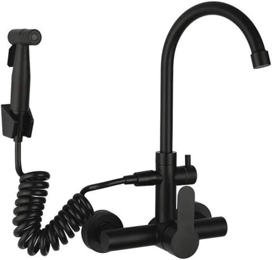 Montaggio a Parete per Rubinetto da Cucina in Acciaio Inossidabile 304 - Mistificatore Acqua Calda e Fredda con Uscita Rotativa 360° e Doccia Manuale - Nero Opaco