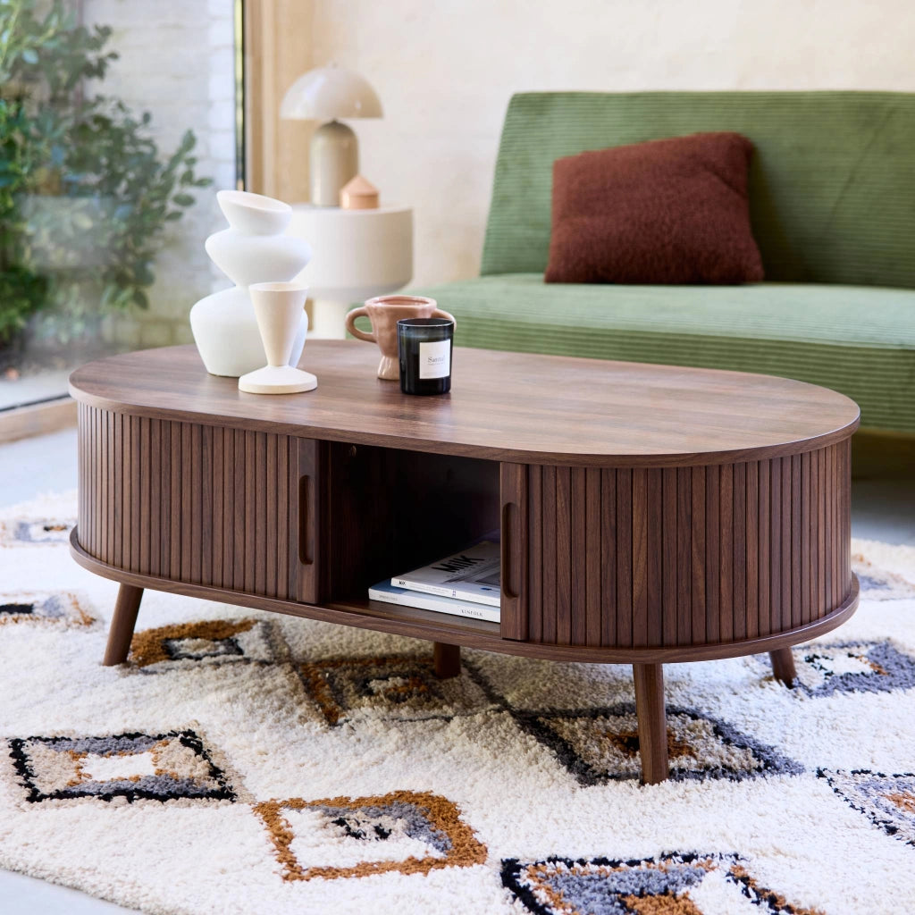 Tavolino scandinavo effetto legno scanalato 2 ante scorrevoli, noce