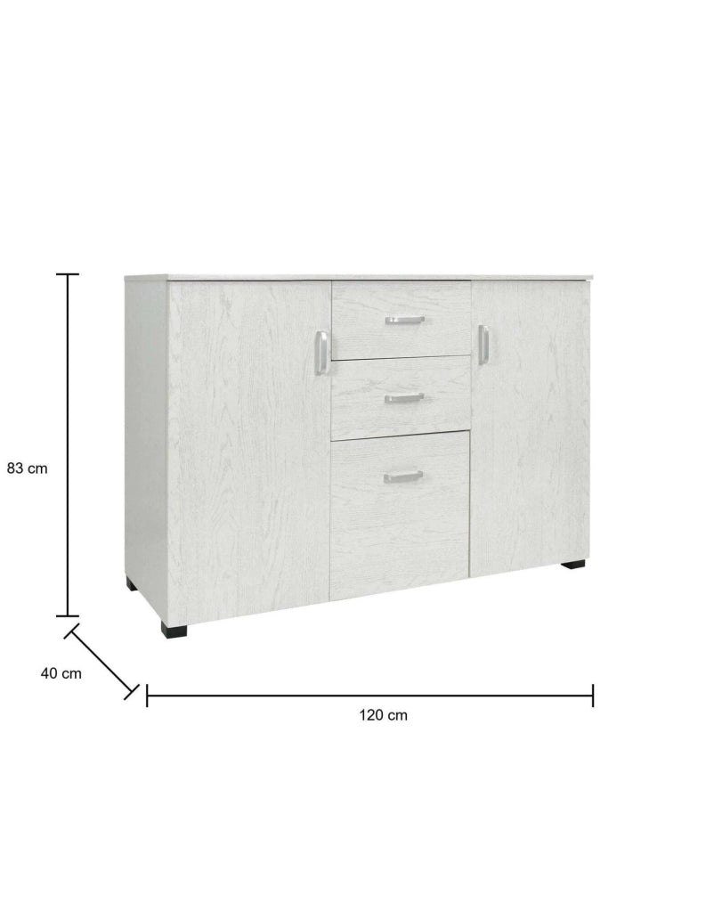 Credenza Apocalypse, Buffet moderno a 3 ante e 2 cassetti, Madia lineare con ripiani, Made in Italy, Cm 120x40h83, Rovere sbiancato