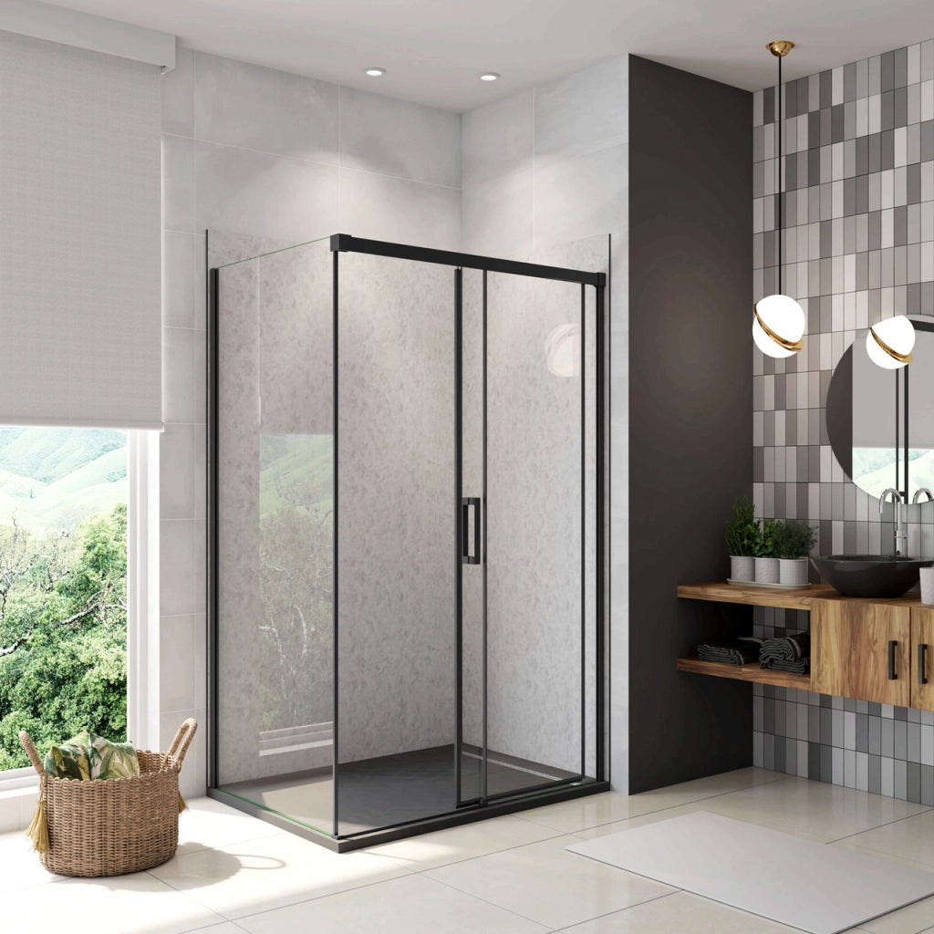 195 cm Box Doccia Angolare 120X80 cm Porta Scorrevole con Parete Fissa Vetro 8 mm Temperato Anticalcare Trasparente Profilo Nero Opaco Softclose