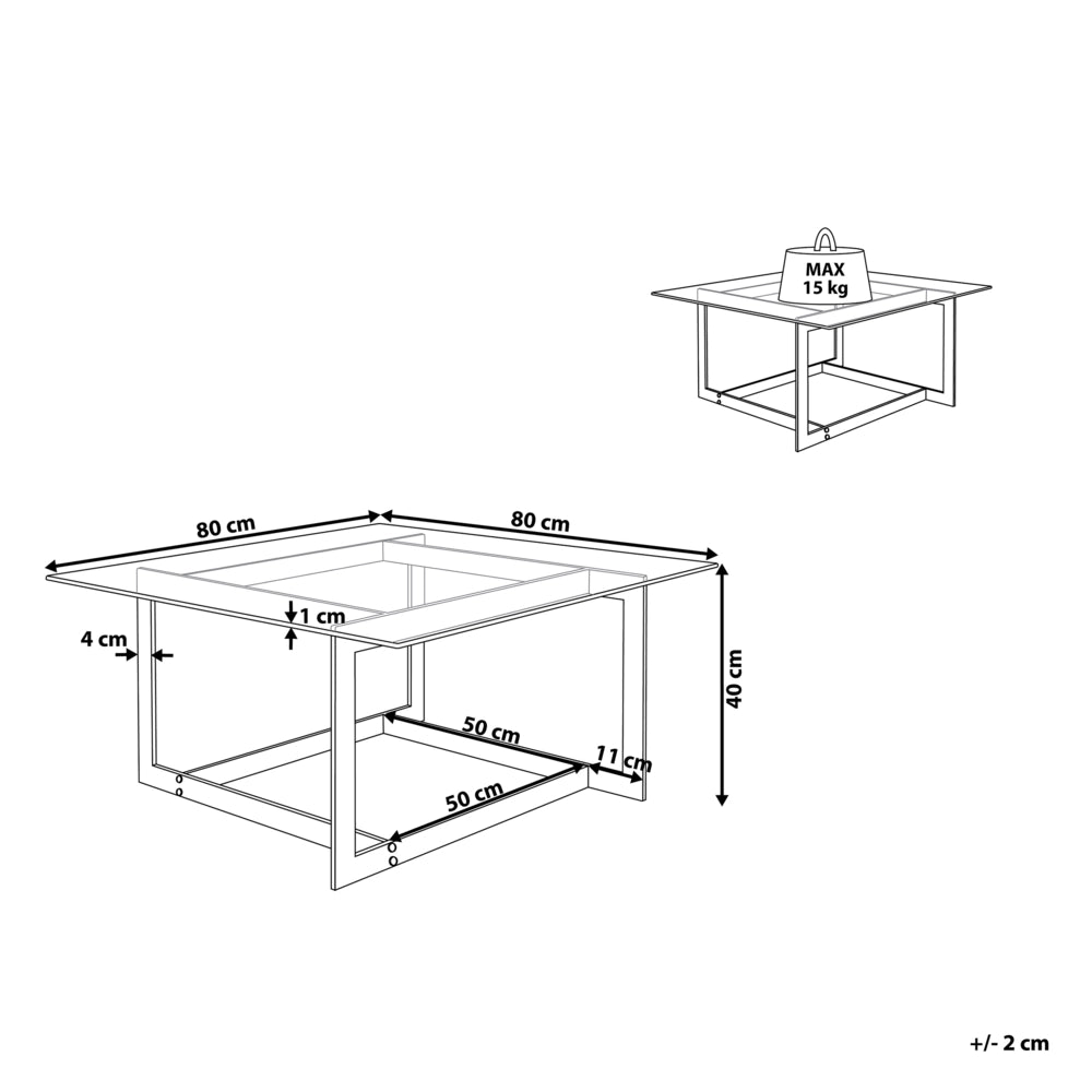Tavolino da caffè con struttura in metallo dorato e piano quadrato in vetro dal design glam geometrico