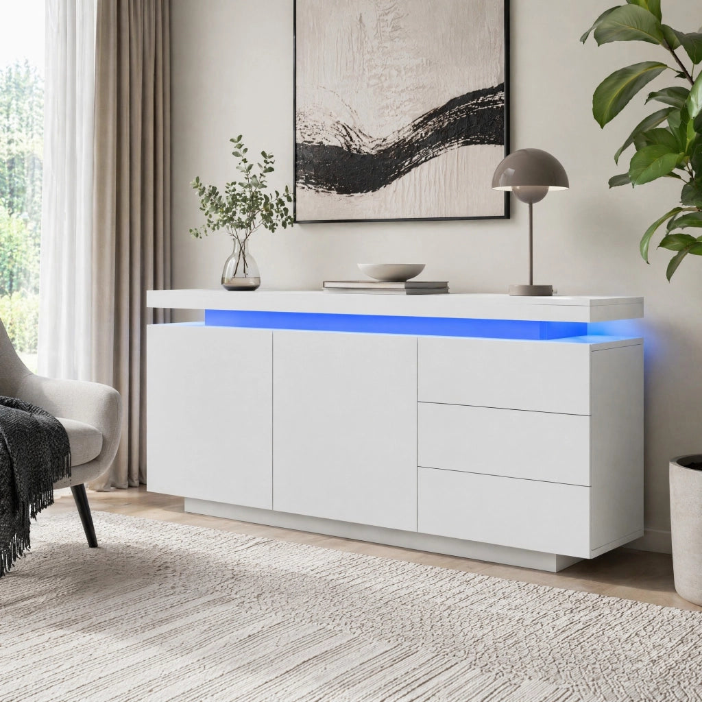 Credenza moderna bianca lucida con illuminazione LED e ampio spazio contenitivo