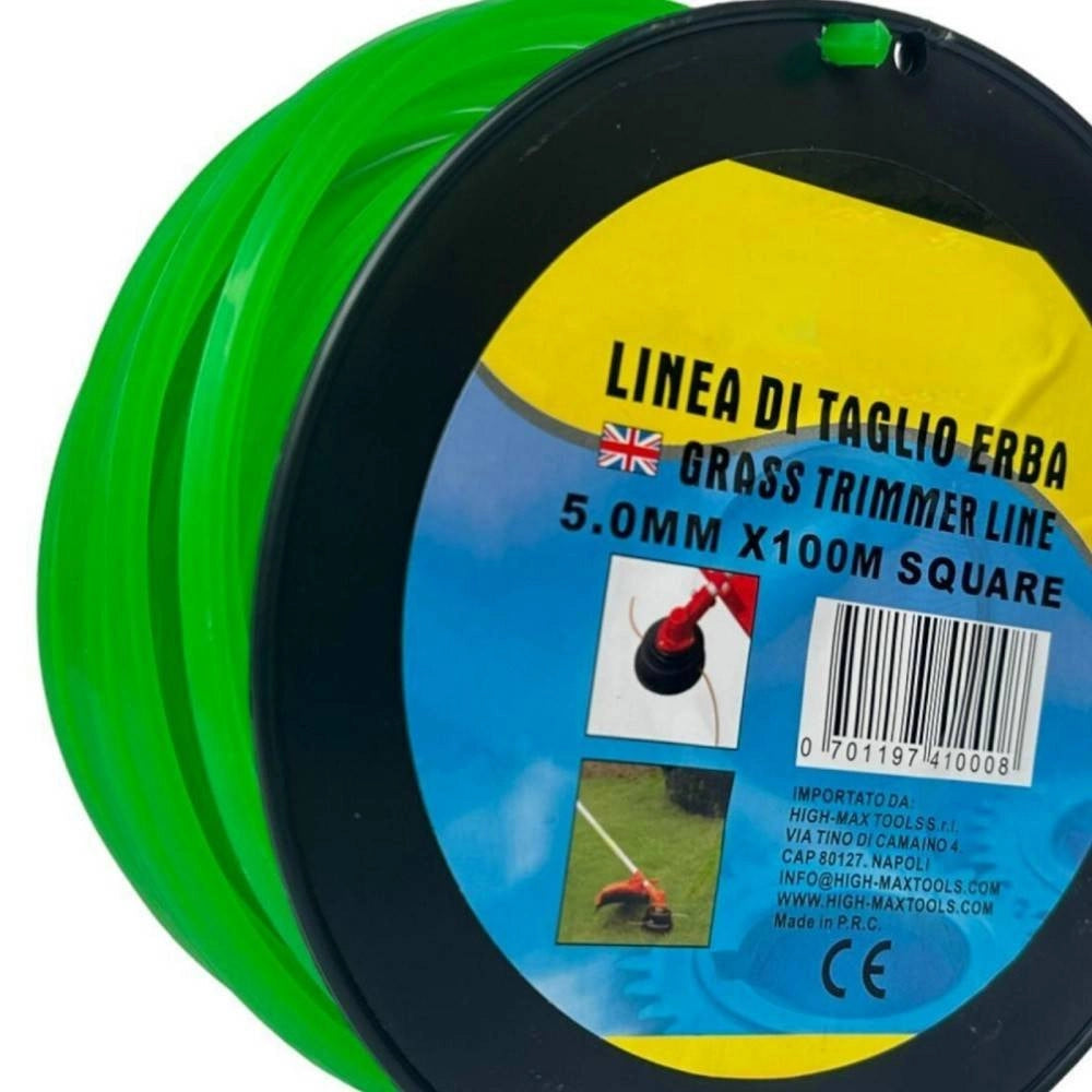 Trade Shop - Filo Per Decespugliatore Quadrato 5 Mm Bobina 100mt Taglaerba Cavo Matassa Verde -