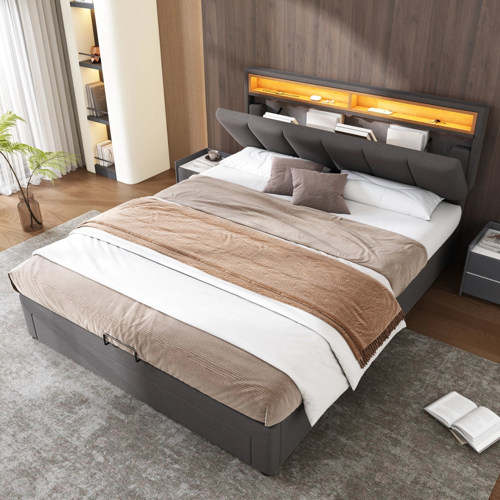 OKWISH Letto Contenitore 140×200 cm, Letto Matrimoniale con LED Regolabile, Vano Contenitore e Cassetti e Scomparti, senza Materasso, Lino, Grigio