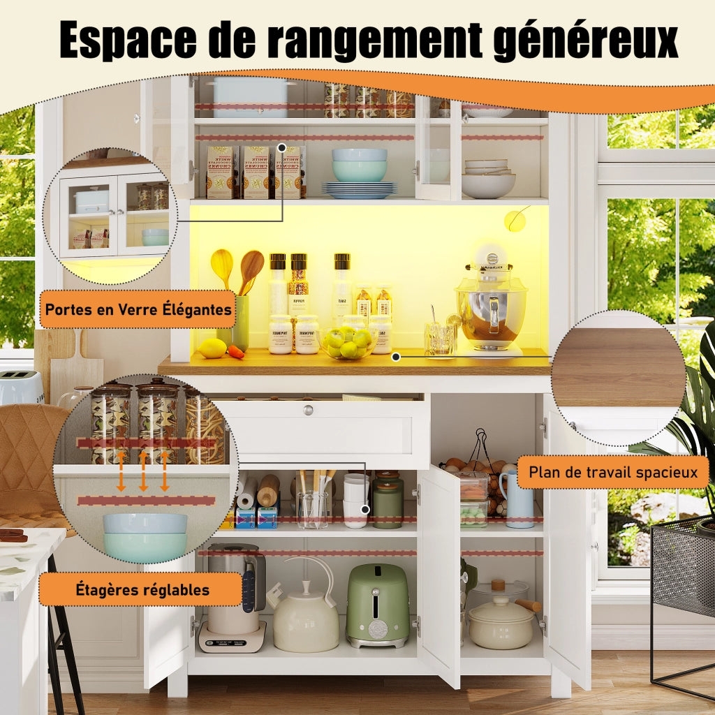 Credenza Alta da Cucina con Vetrina; 3 Ripiani Regolabili e LED; in MDF; Bianco; 104 x 40 x 180 cm
