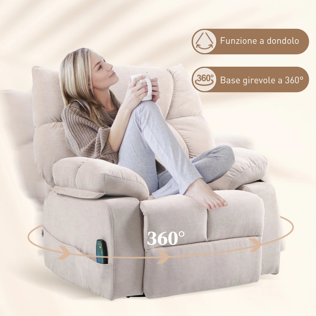 Poltrona Reclinabile con Poggiapiedi, Massaggio e Riscaldamento con 5 Programmi e 8 Punti Vibranti, Beige