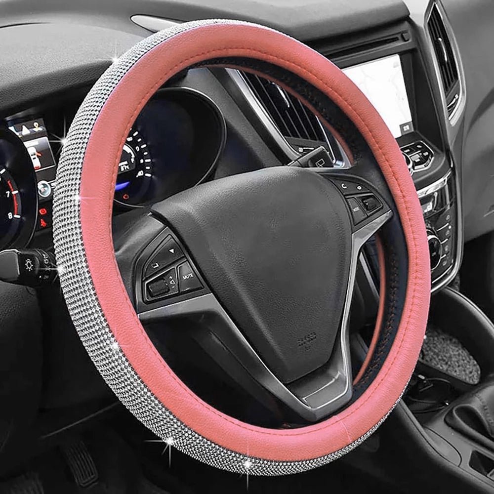 Coprivolante per Auto Rosa Diamond Strass Bling 38cm Pelle PU Antiscivolo Stile Glitter per Donna Ragazza
